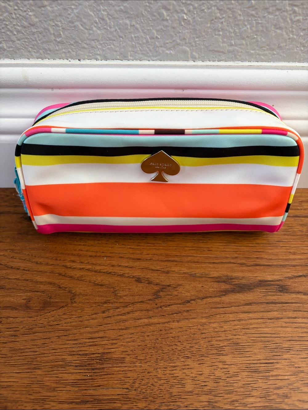 Kate Spade White, Orange & Black Striped Cosmetic Pouch